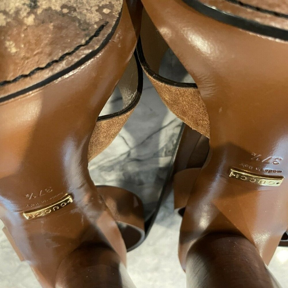 GUCCI 37.5 Brown Suede & Leather Ankle Wrap Strap Sandal Heels Maori - Picture 8 of 11